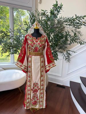 Elegant Cream and Red Thobe with Gold Floral Embroidery(scarf not included)