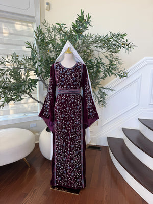 Elegant Burgundy Velvet Thobe with Blue and Silver Floral Embroidery (scarf not included)