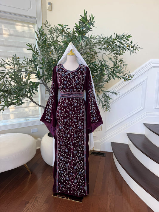 Elegant Burgundy Velvet Thobe with Blue and Silver Floral Embroidery (scarf not included)