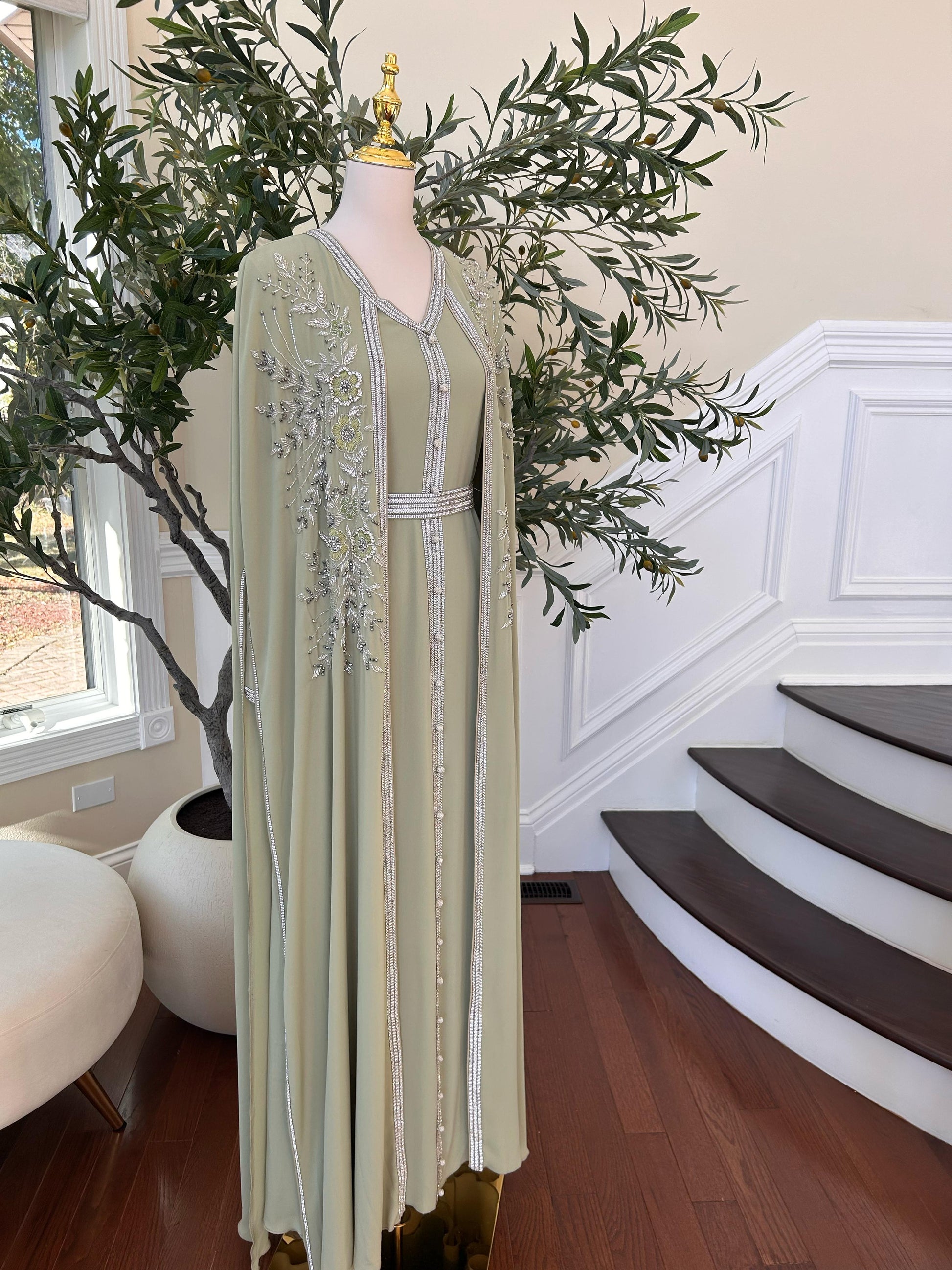 Light Green Floral Kuftan Elegance