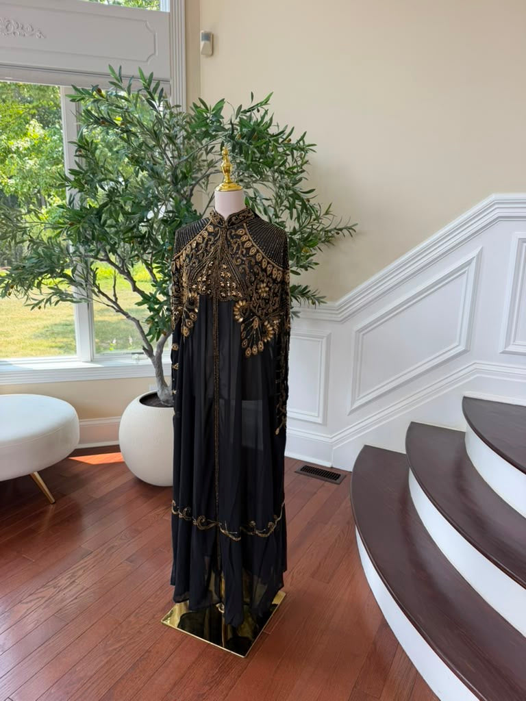 Golden Beaded Black Elegance Cardigan Abaya
