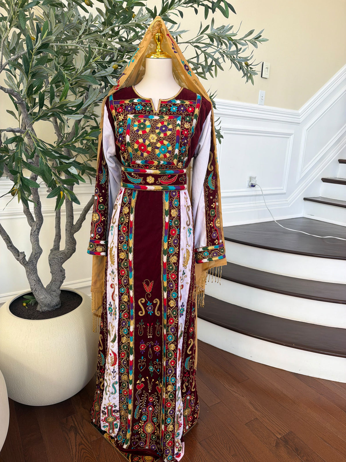 Elegant Burgundy Velvet Thobe with Colorful Embroidery and Matching Skirt included (scarf not included)