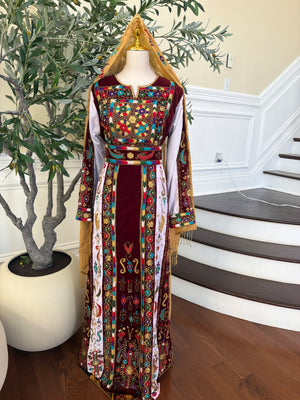 Elegant Burgundy Velvet Thobe with Colorful Embroidery and Matching Skirt included (scarf not included)
