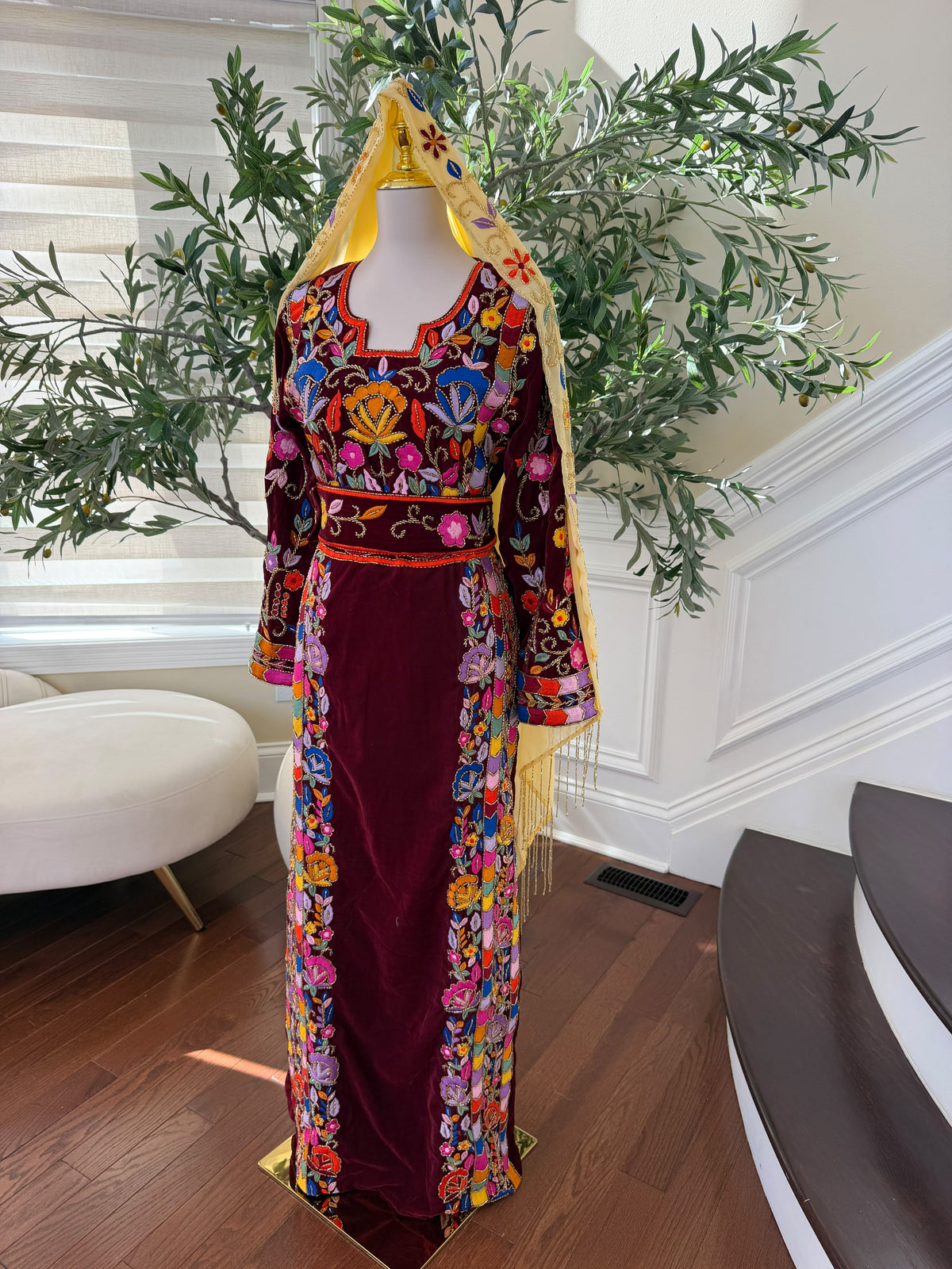 Elegant Burgundy Velvet Palestinian Thobe with Colorful Floral Embroidery – Scarf Not Included