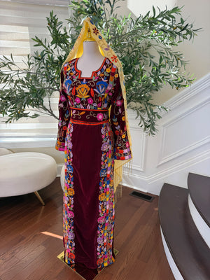 Elegant Burgundy Velvet Palestinian Thobe with Colorful Floral Embroidery – Scarf Not Included