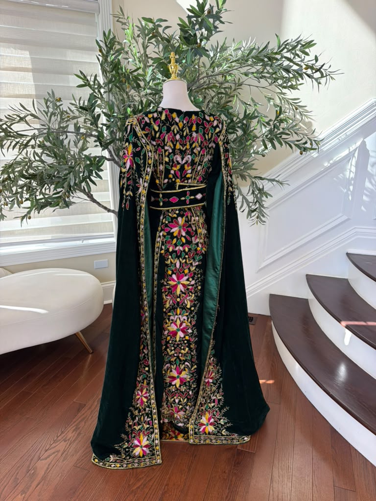 Elegant Black Palestinian Thobe with Colorful Floral Embroidery and Detachable Shoulder Cape (scarf not included)
