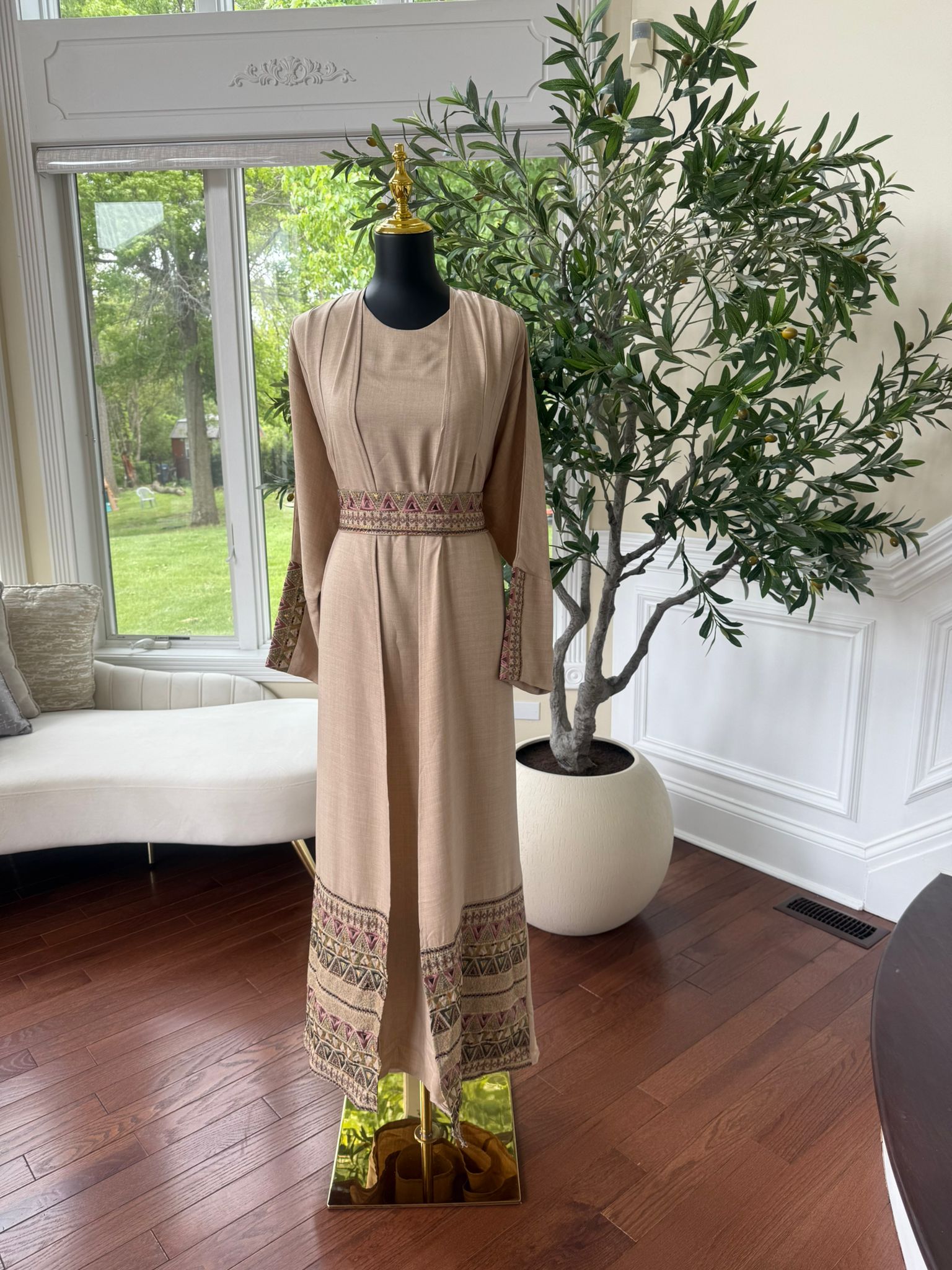 Elegant Tan Tatreez Cardigan Abaya