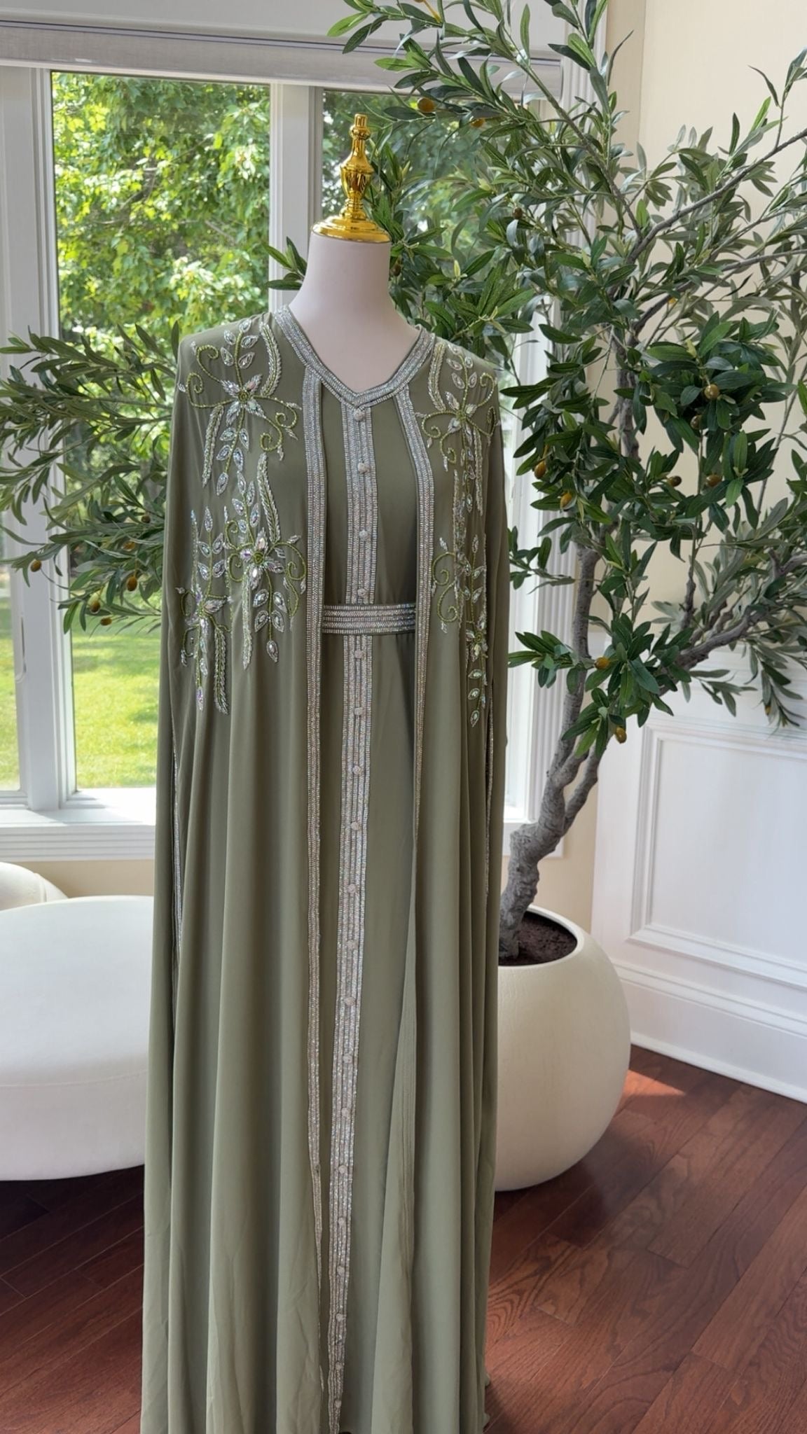 Sage Green Embellished Chiffon Kaftan Crystal Vine Detail