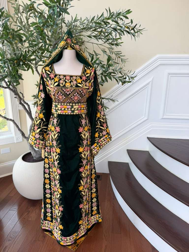 Velvet Green Embroidery Stone Beaded Thobe