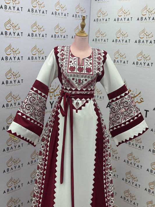 Burgundy & White Palestinian Embroidery Thobe – Traditional Elegance A09072025