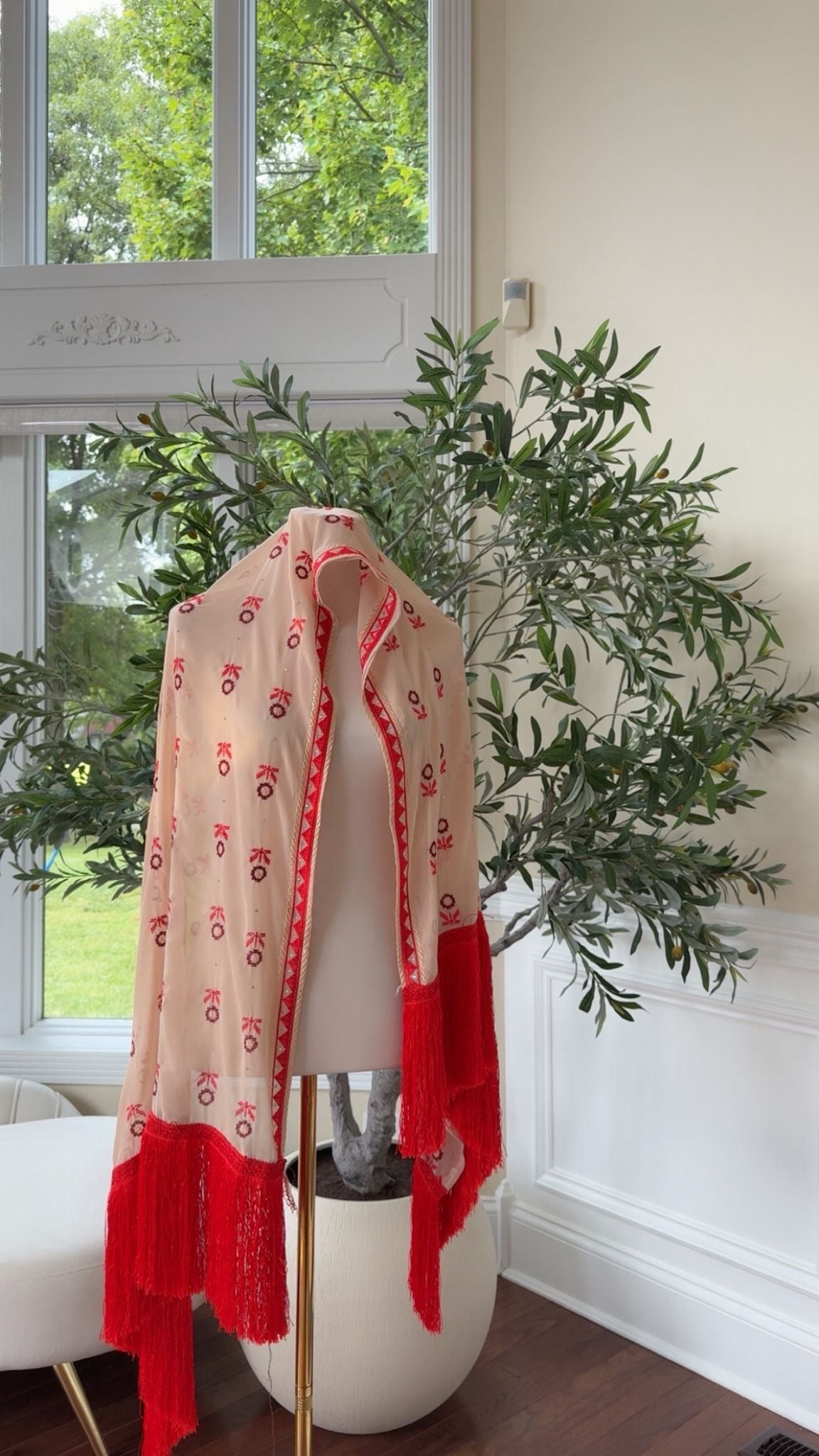 Cream/ Red Tatreez Khirka Shal