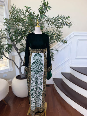 Elegant Black Velvet Thobe with Emerald Green Embroidery and Gold Detailing