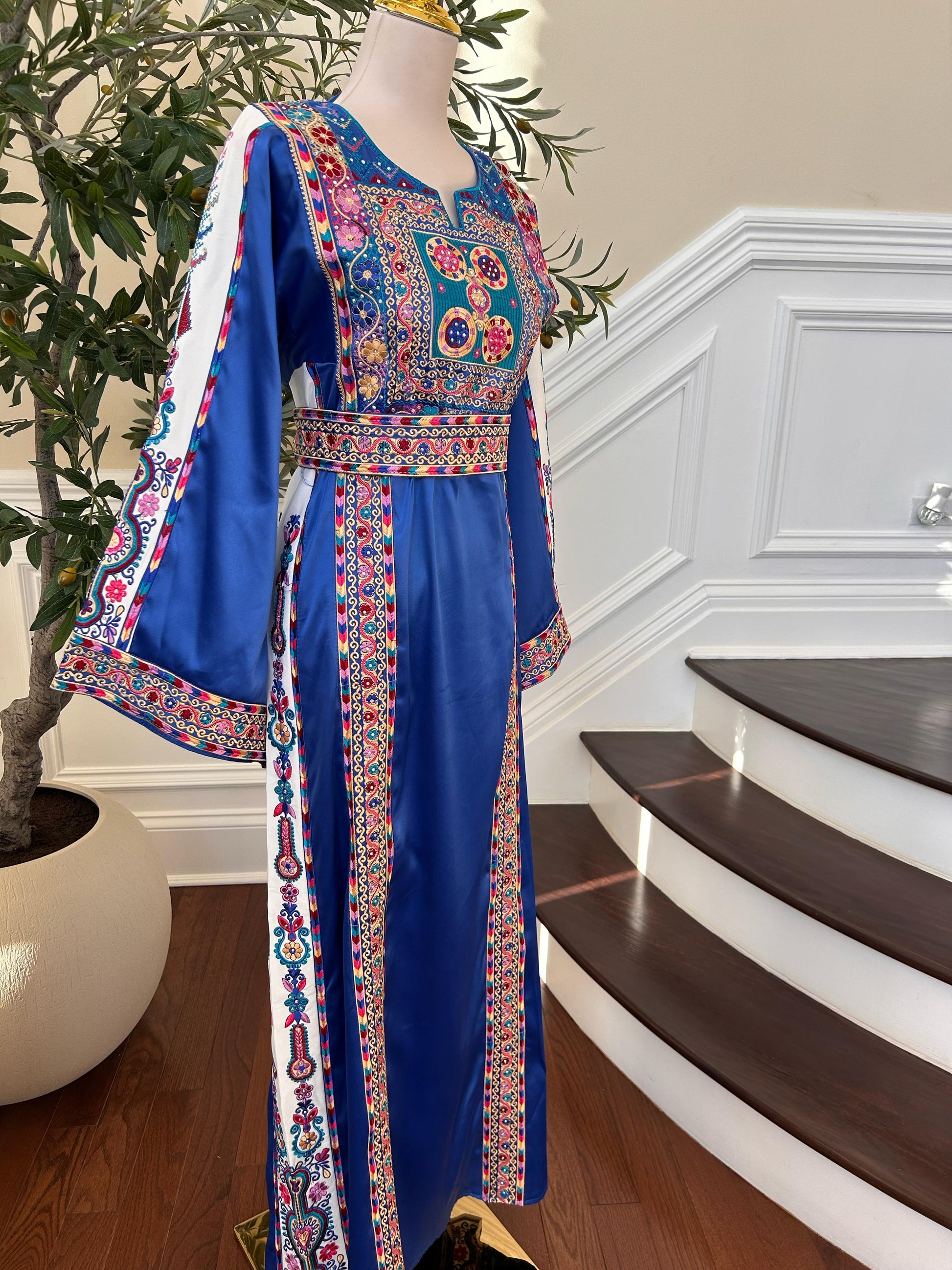 Blue Satin Embroidery Tatreez Thobe