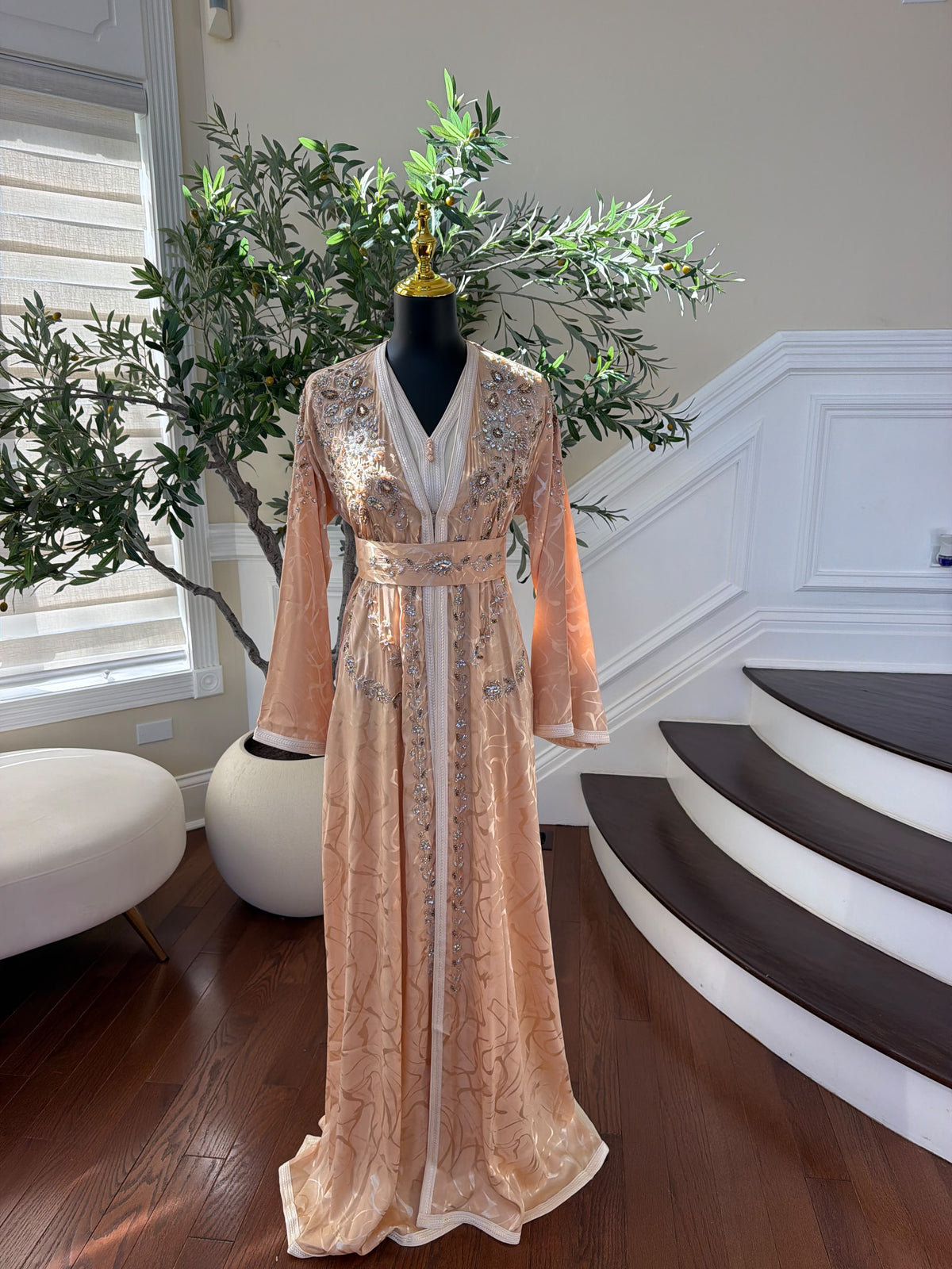 Elegant Peach Embroidered Kaftan with Silver Beadwork