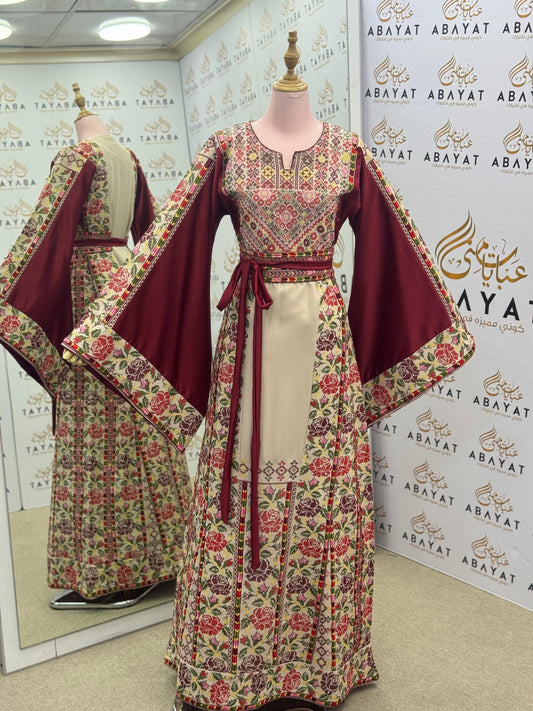 Burgundy & Cream Palestinian Embroidered Thobe | Floral Heritage Design A09052025