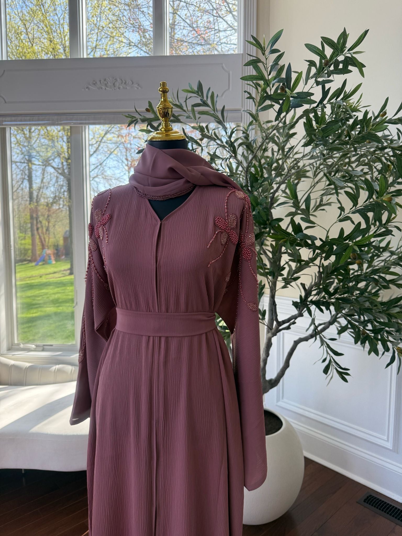 Rose Pink Beaded Abaya