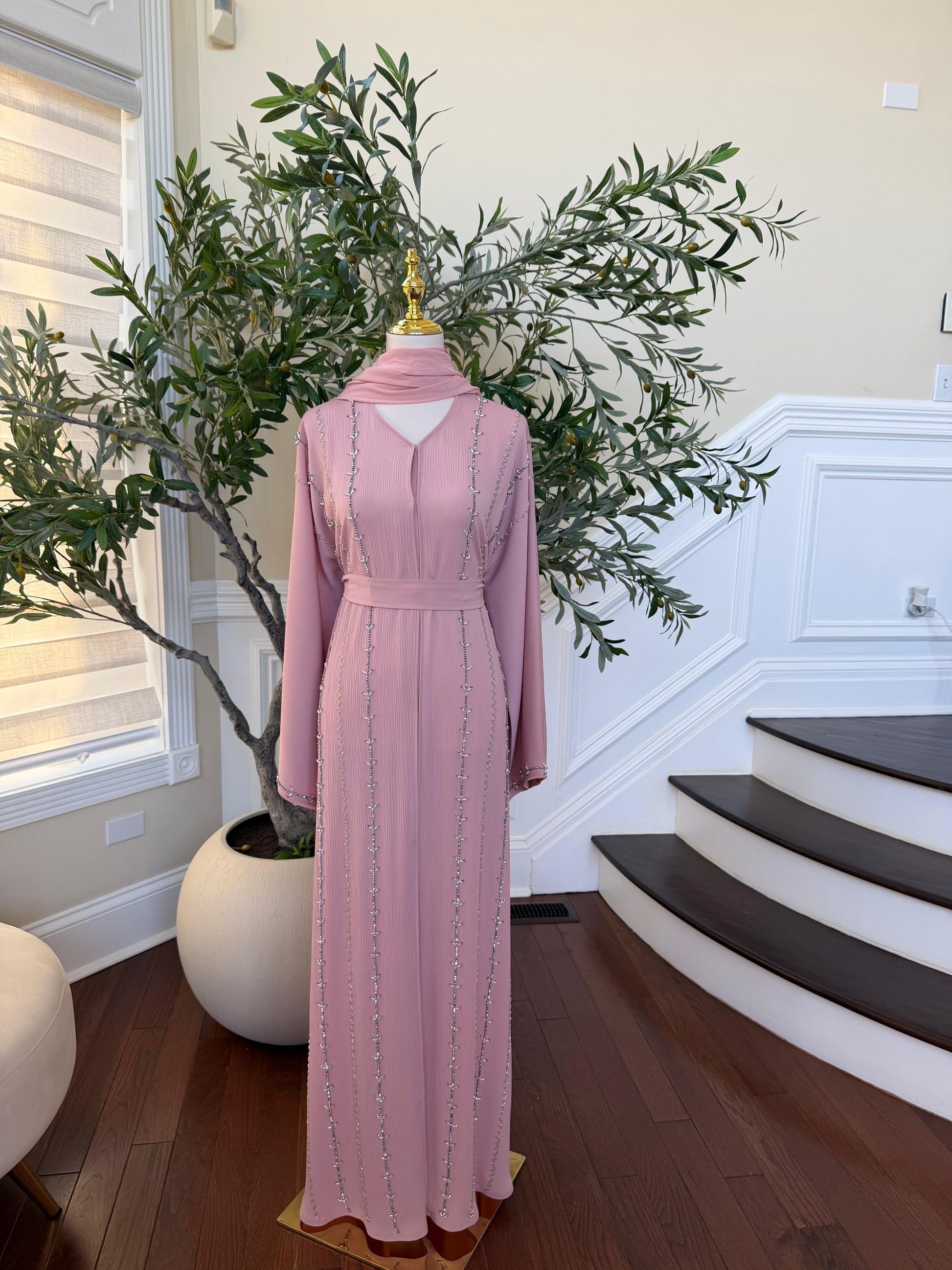 Pink Rose Charm Beaded Abaya