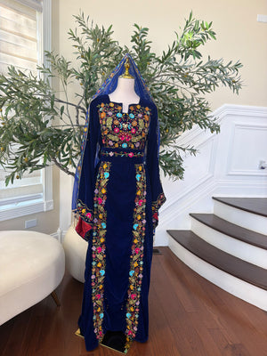 Midnight Blue Velvet Thobe with Intricate Multicolor Embroidery(scarf not included)