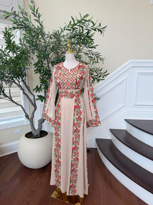 Beige Embroidery Rose Tatreez Thobe
