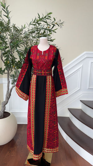 Black Embroidery Red Tatreez Thobe