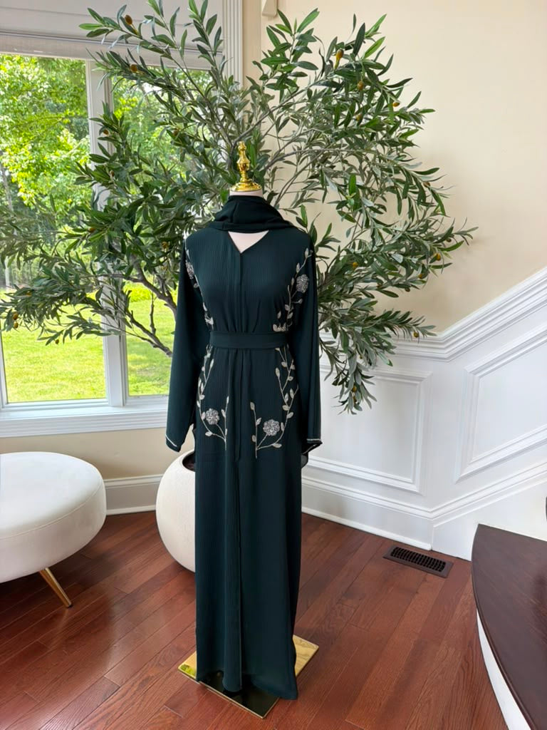 Emerald Green Rose Beaded Abaya