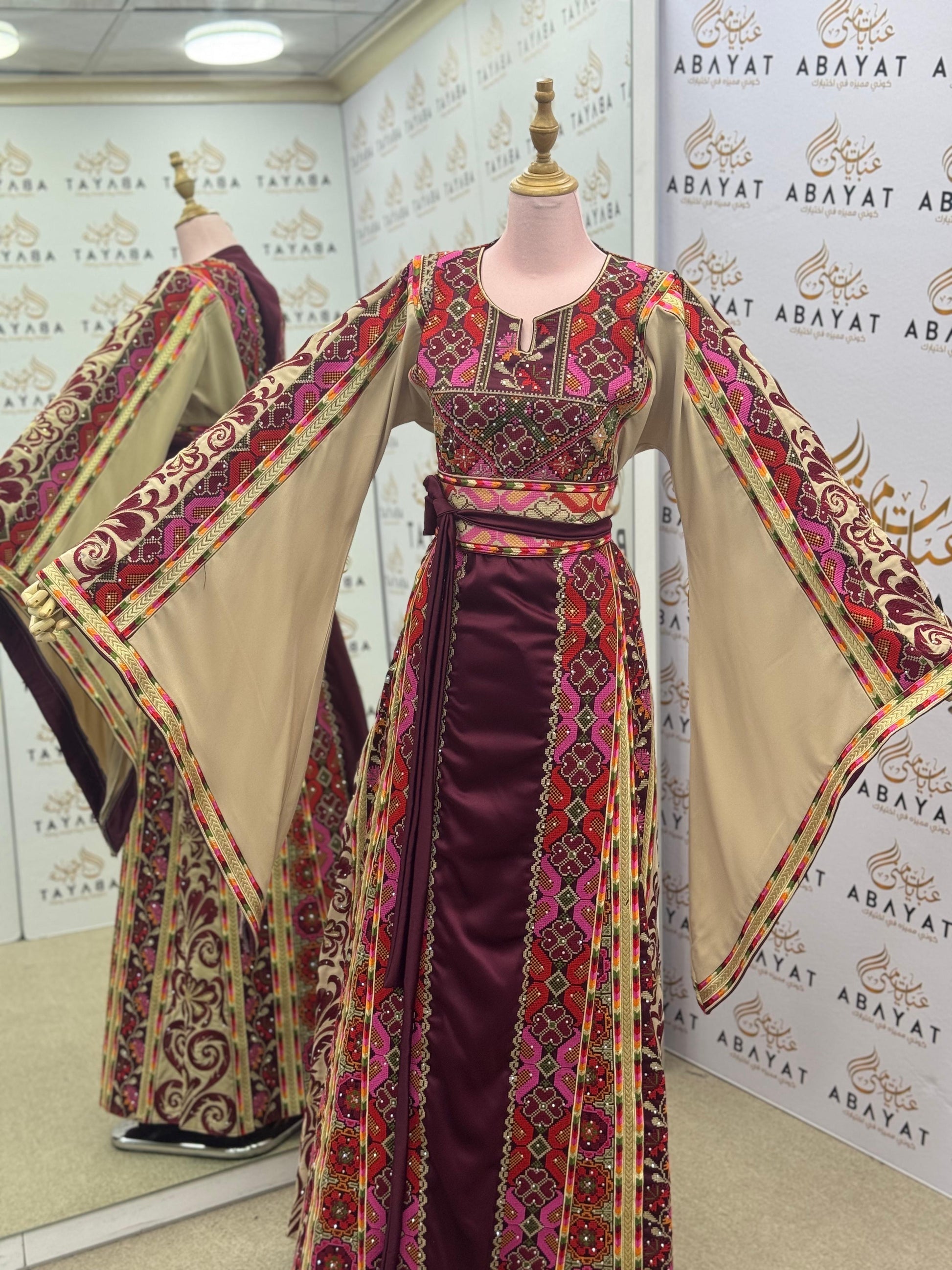Burgundy & Beige Palestinian Embroidery Thobe – Colorful Geometric Elegance A09092025