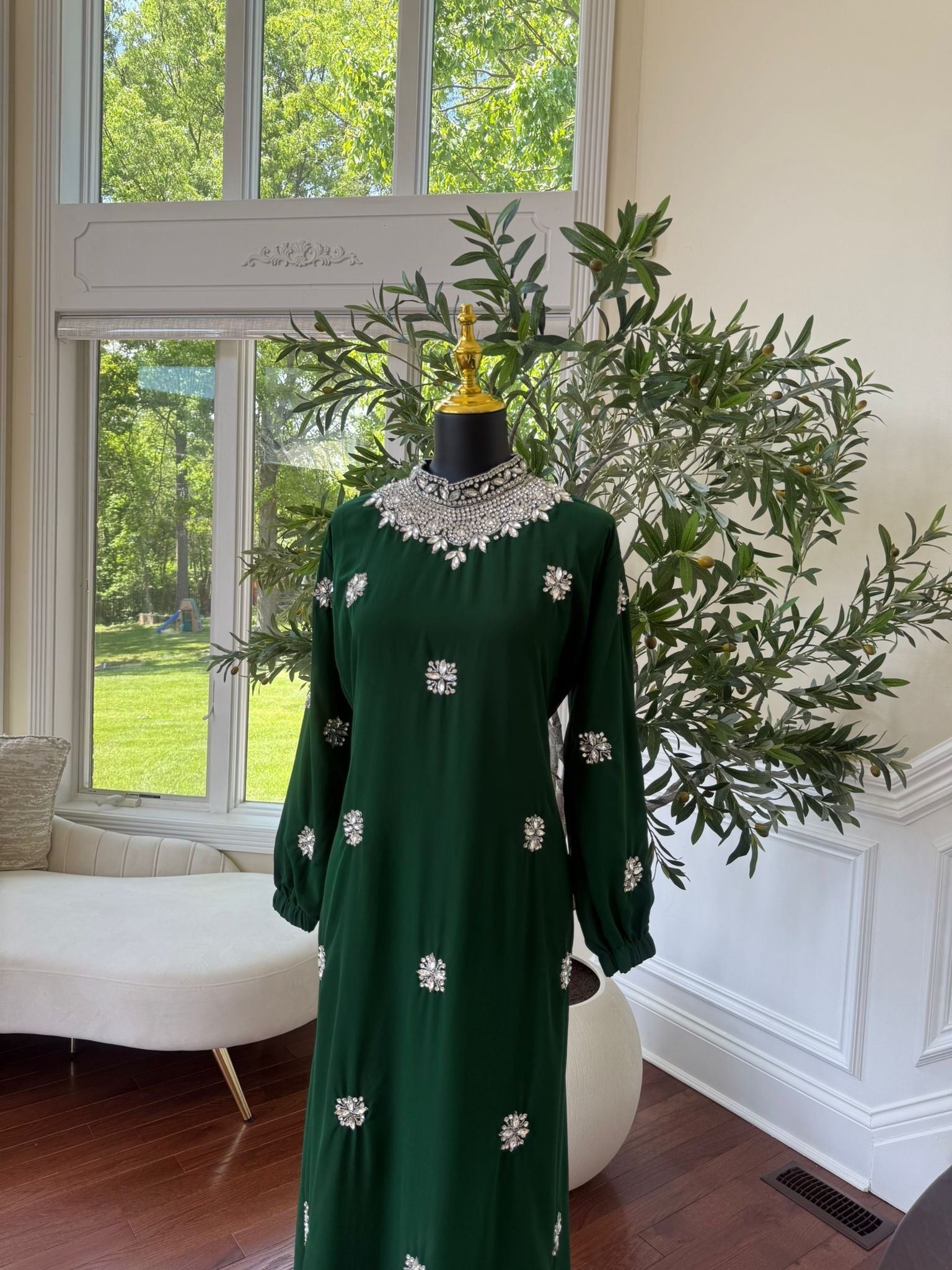 Green Glimmer Stonework Maxi Dress