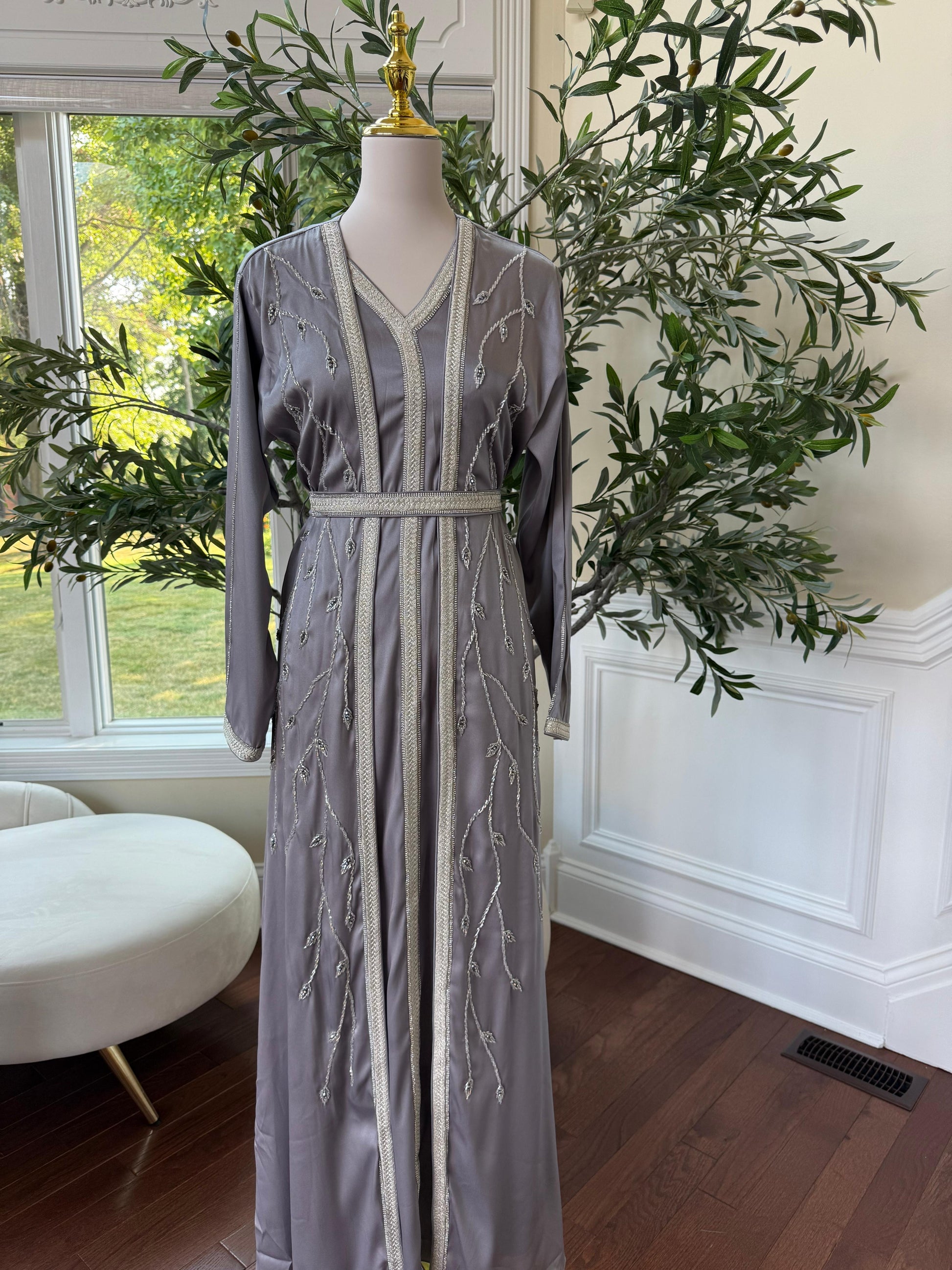 Grey Floral Two Piece Kuftan