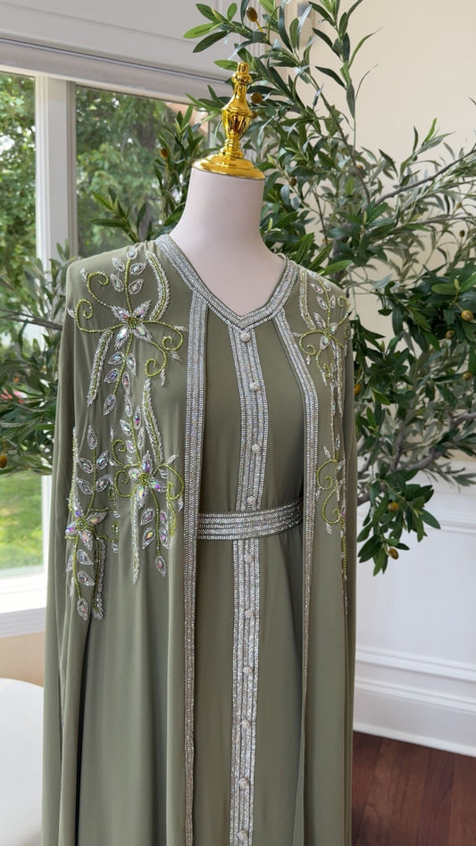 Sage Green Embellished Chiffon Kaftan Crystal Vine Detail