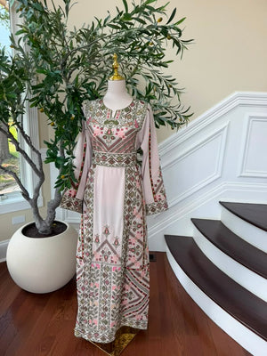 Cream Embroidery Green Tatreez Thobe
