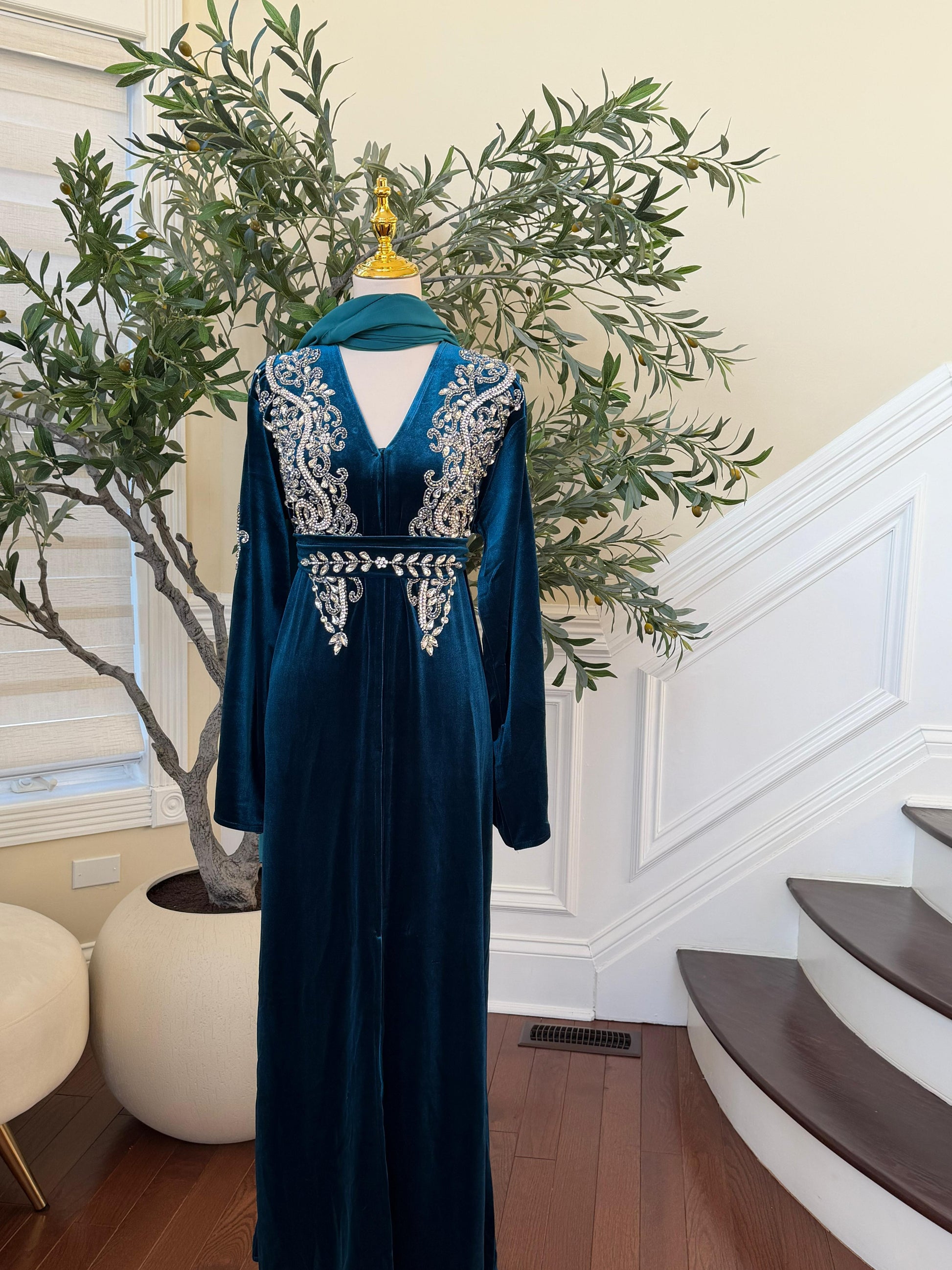 Turquoise Velvet Stone Beaded Abaya