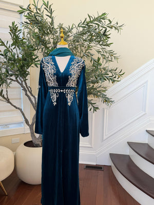 Turquoise Velvet Stone Beaded Abaya