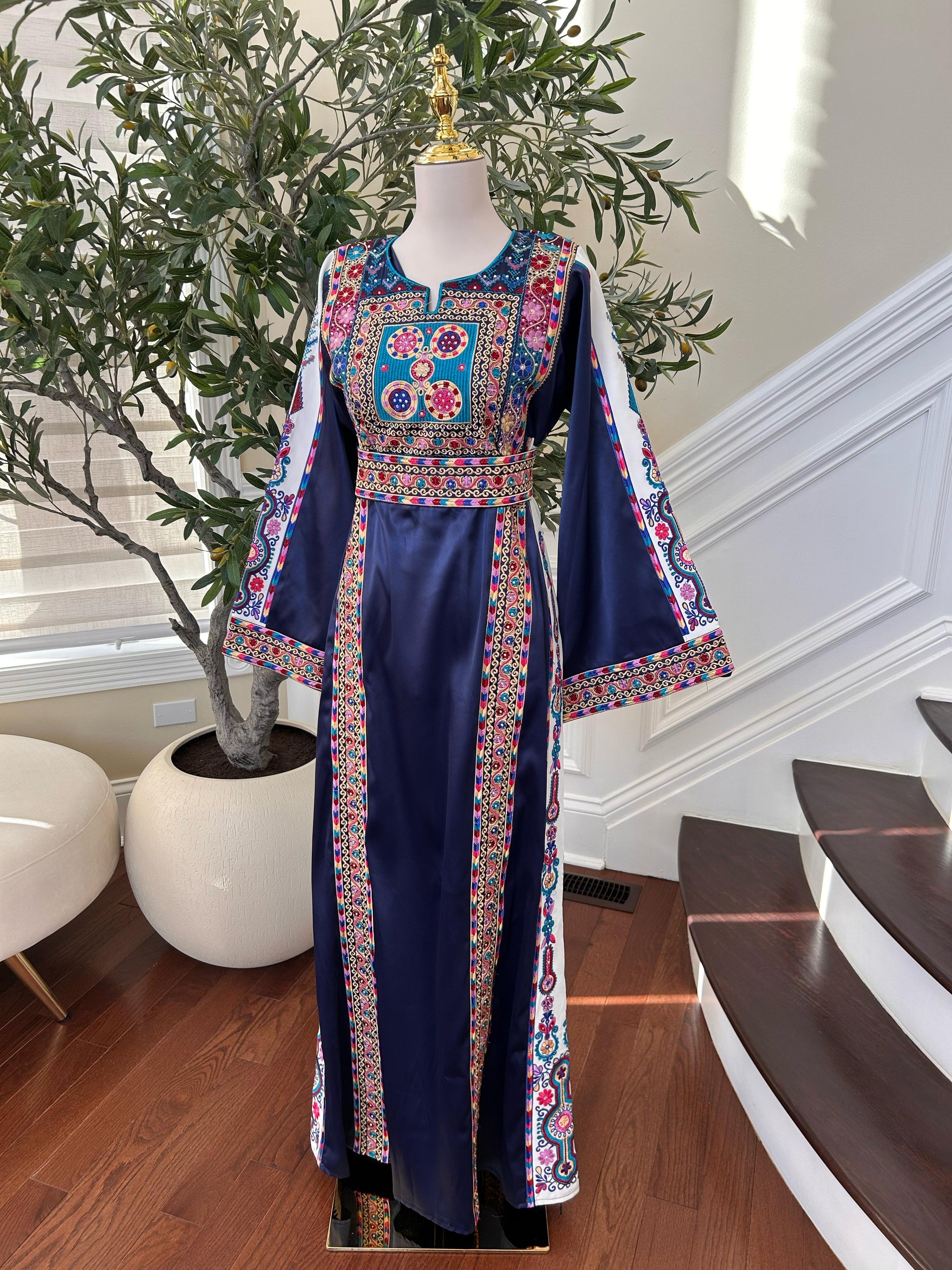 Navy Blue Satin Embroidered Tatreez Thobe