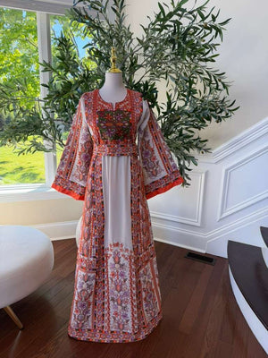Beige Embroidery Orange Tatreez Thobe