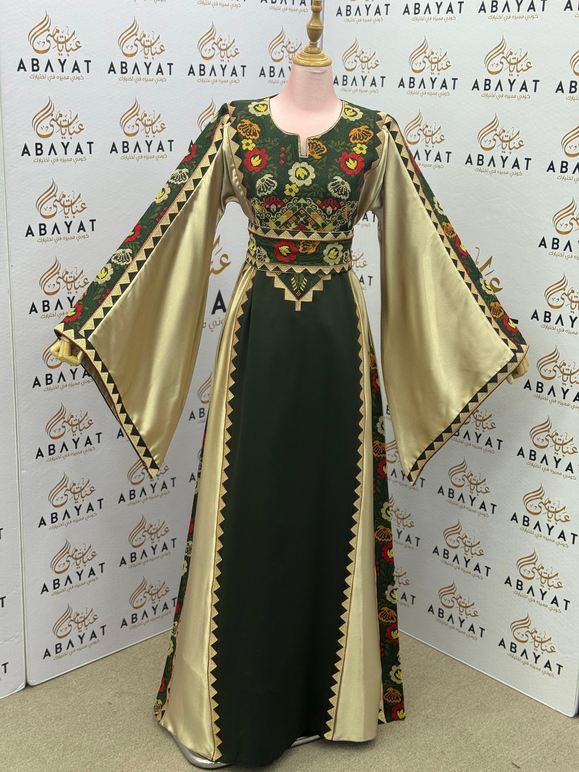 Olive Green & Gold Palestinian Embroidery Thobe – Floral Heritage Design A09082025