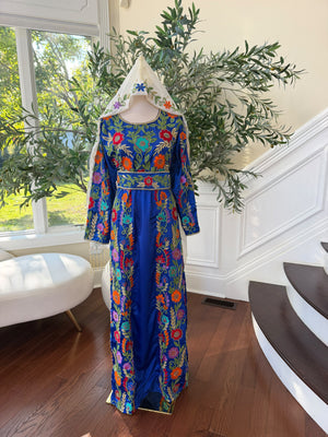 Elegant Royal Blue Floral Embroidered Palestinian Stone Thobe (scarf not included)
