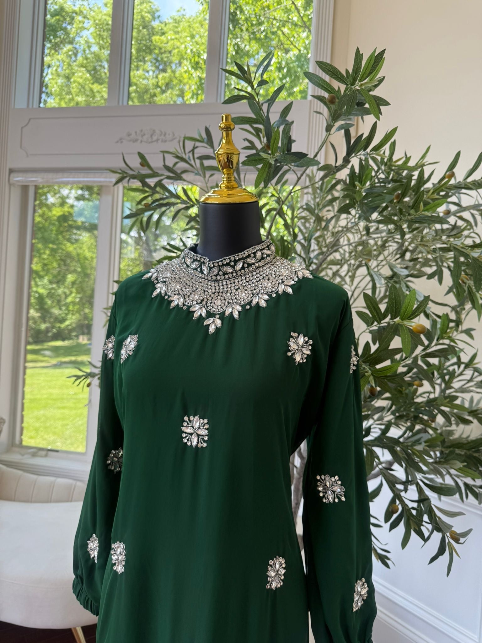 Green Glimmer Stonework Maxi Dress