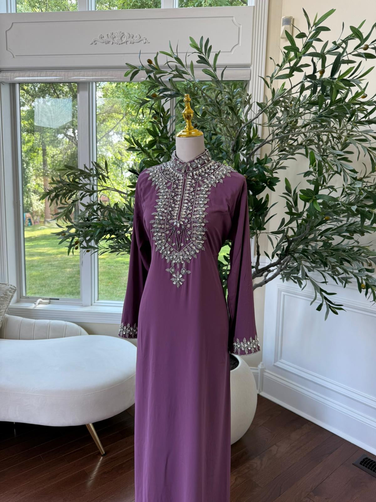 Royal Pink  – Modest Kaftan with Handcrafted Crystal Neckline