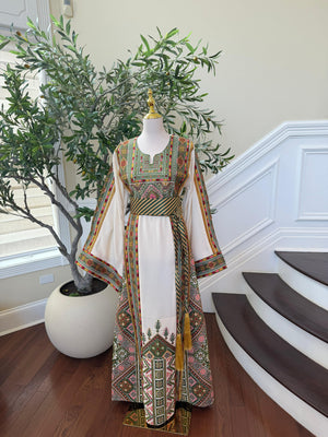 Olive Heritage: Off White Embroidered Tatreez Sabal Kharaz Thobe