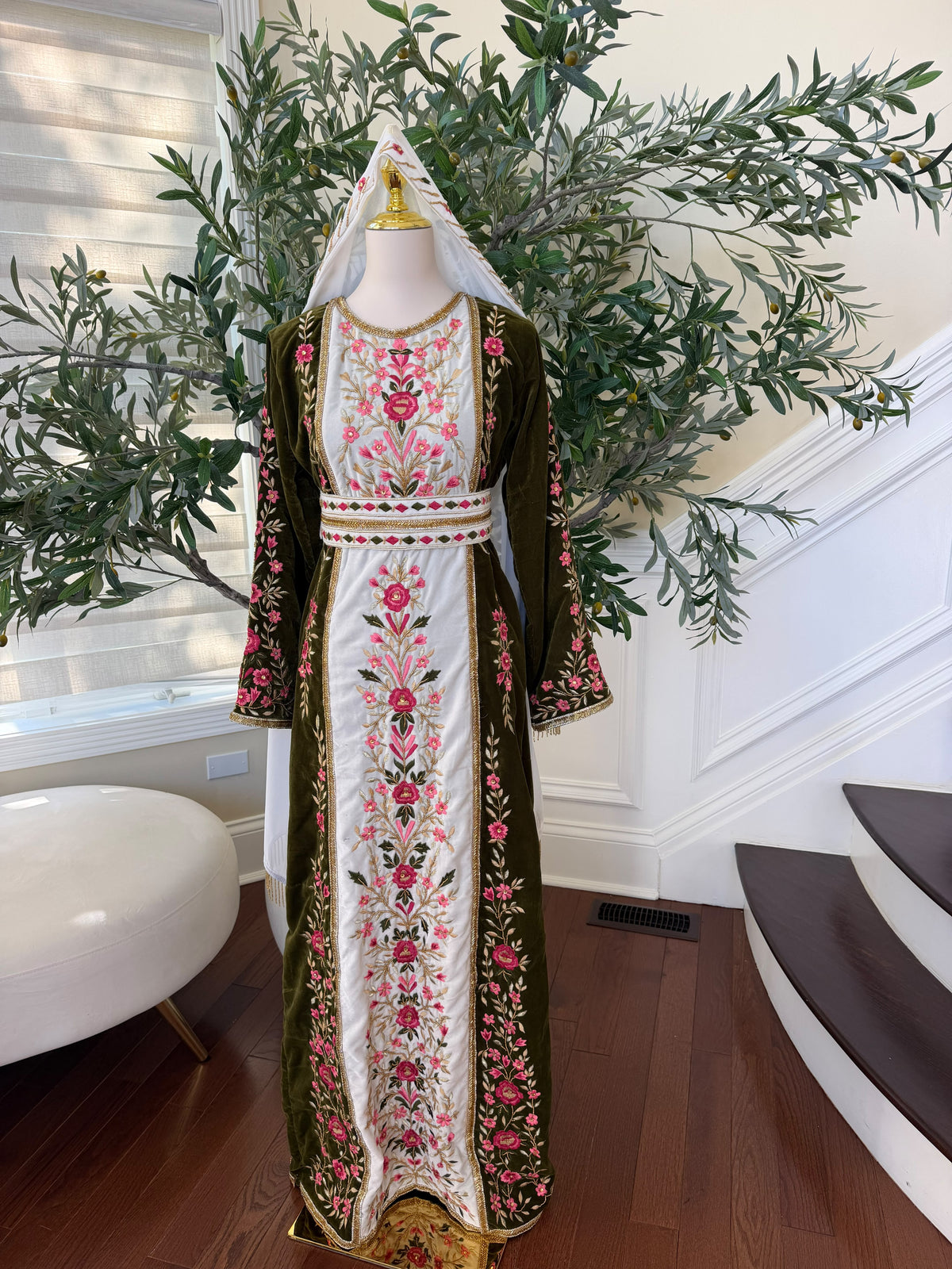 Elegant Olive Green Velvet Thobe with Pink Floral Embroidery(scarf not included)