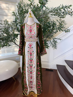 Elegant Olive Green Velvet Thobe with Pink Floral Embroidery(scarf not included)