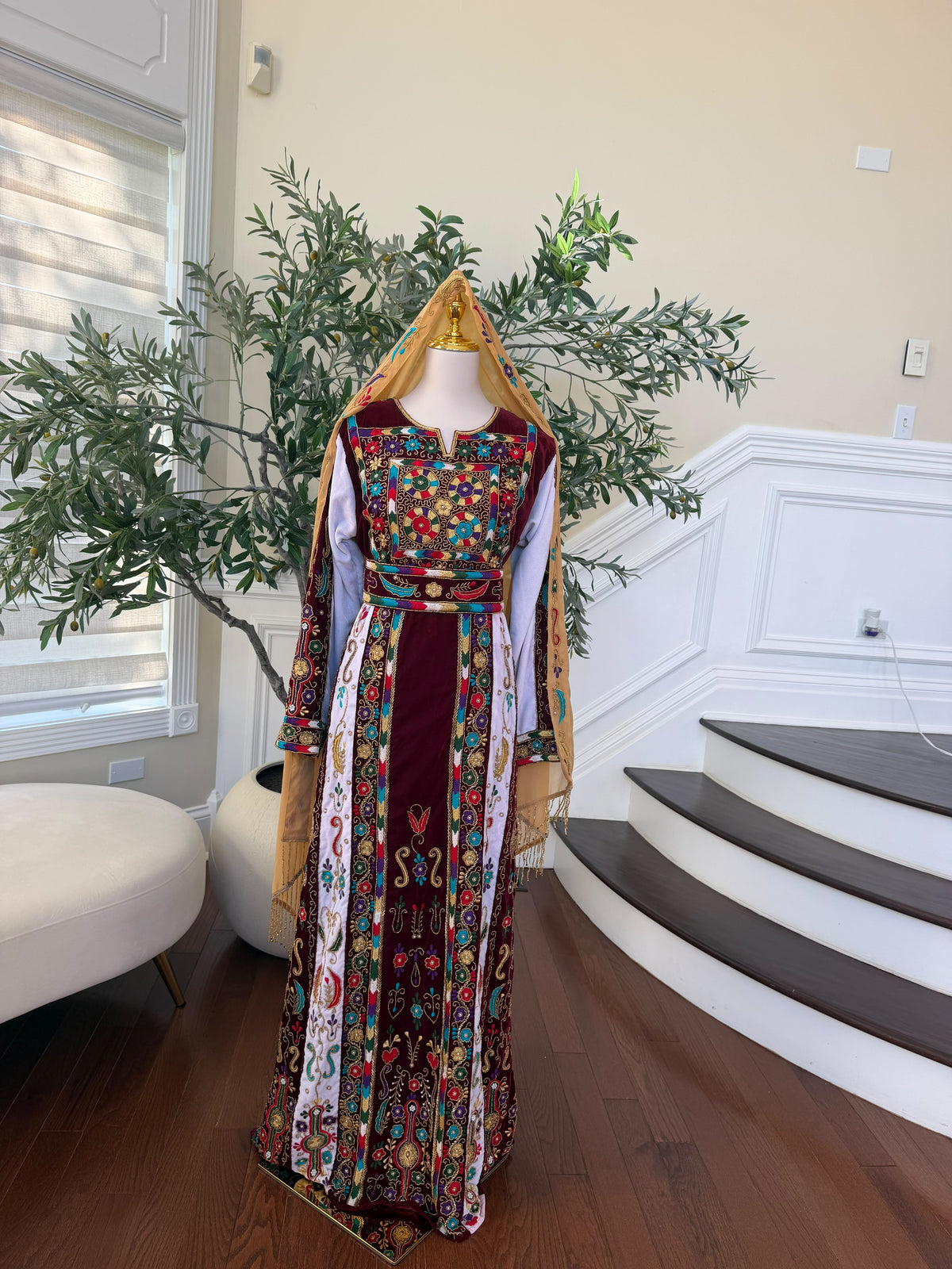 Elegant Burgundy Velvet Thobe with Colorful Embroidery and Matching Skirt included (scarf not included)