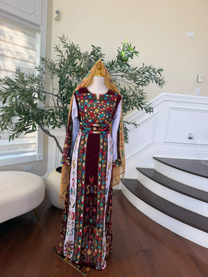 Elegant Burgundy Velvet Thobe with Colorful Embroidery and Matching Skirt included (scarf not included)