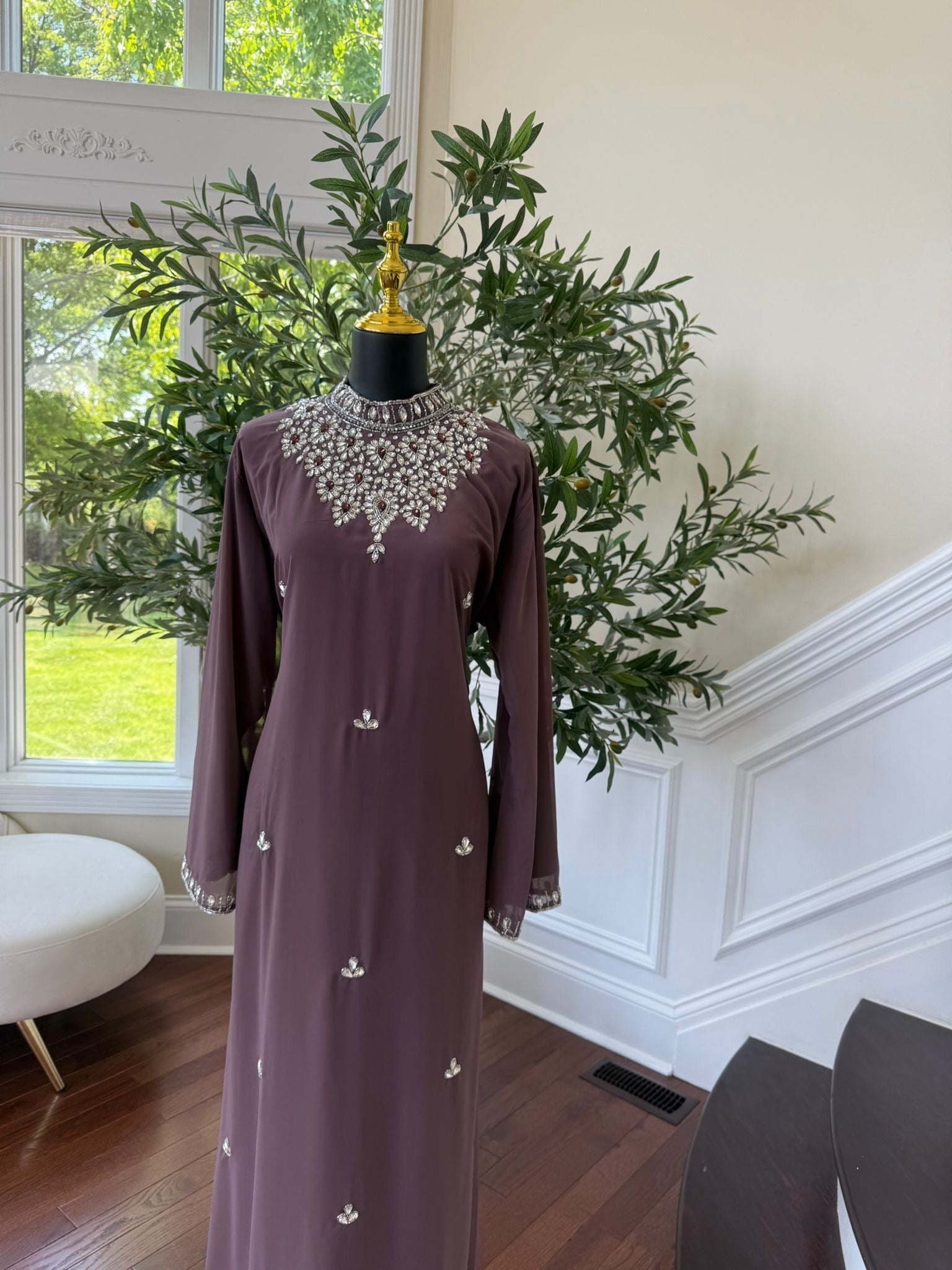 Mauve Crystal High Neck Maxi Dress