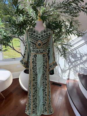 Sage Green & Gold Embroidered Palestinian Thobe (scarf not included)