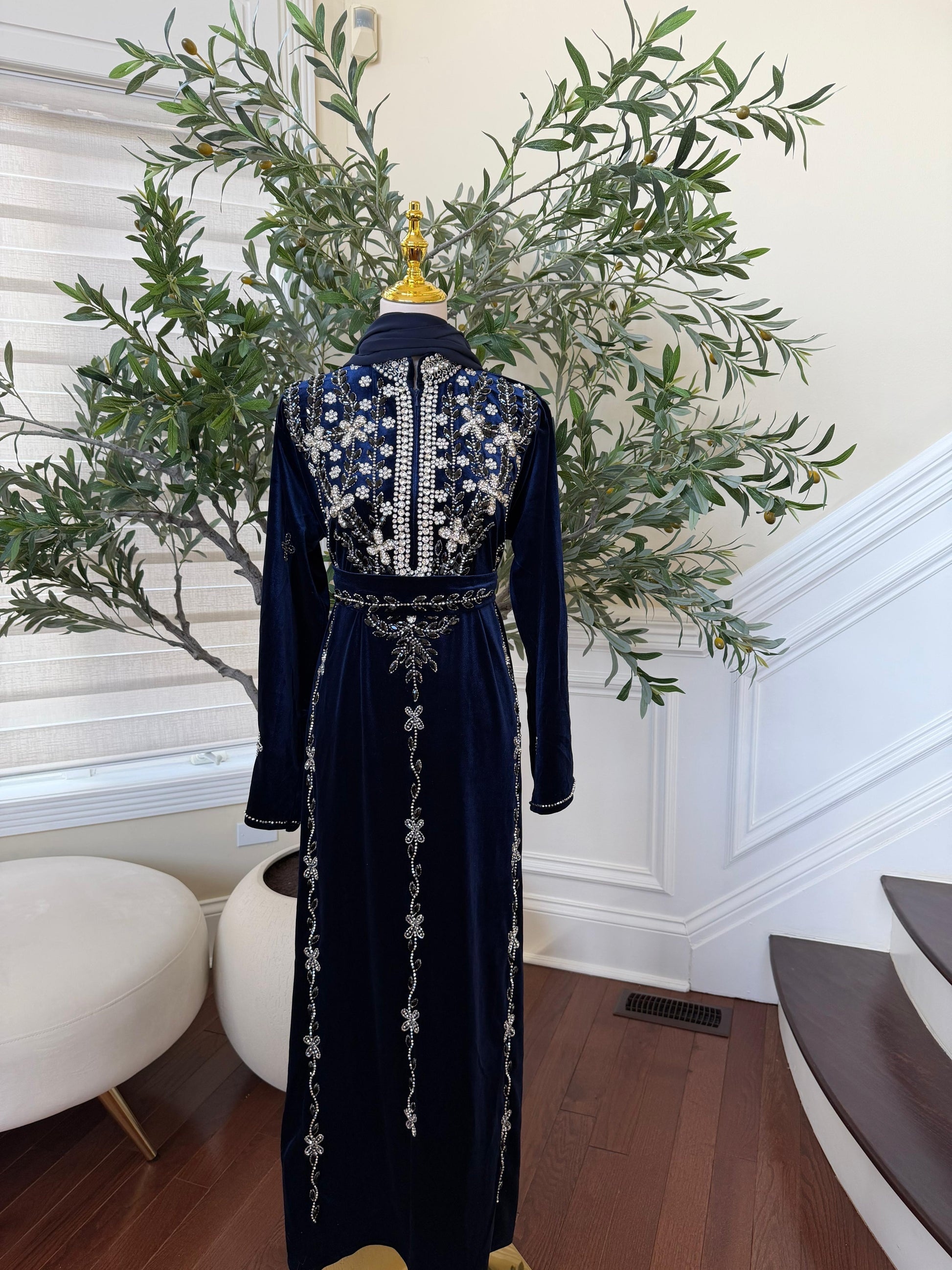 Navy Blue Velvet Beaded Stone Charm Abaya