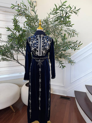 Navy Blue Velvet Beaded Stone Charm Abaya