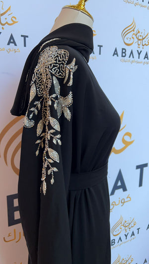 Black Nada Fabric Floral Sleeve Abaya