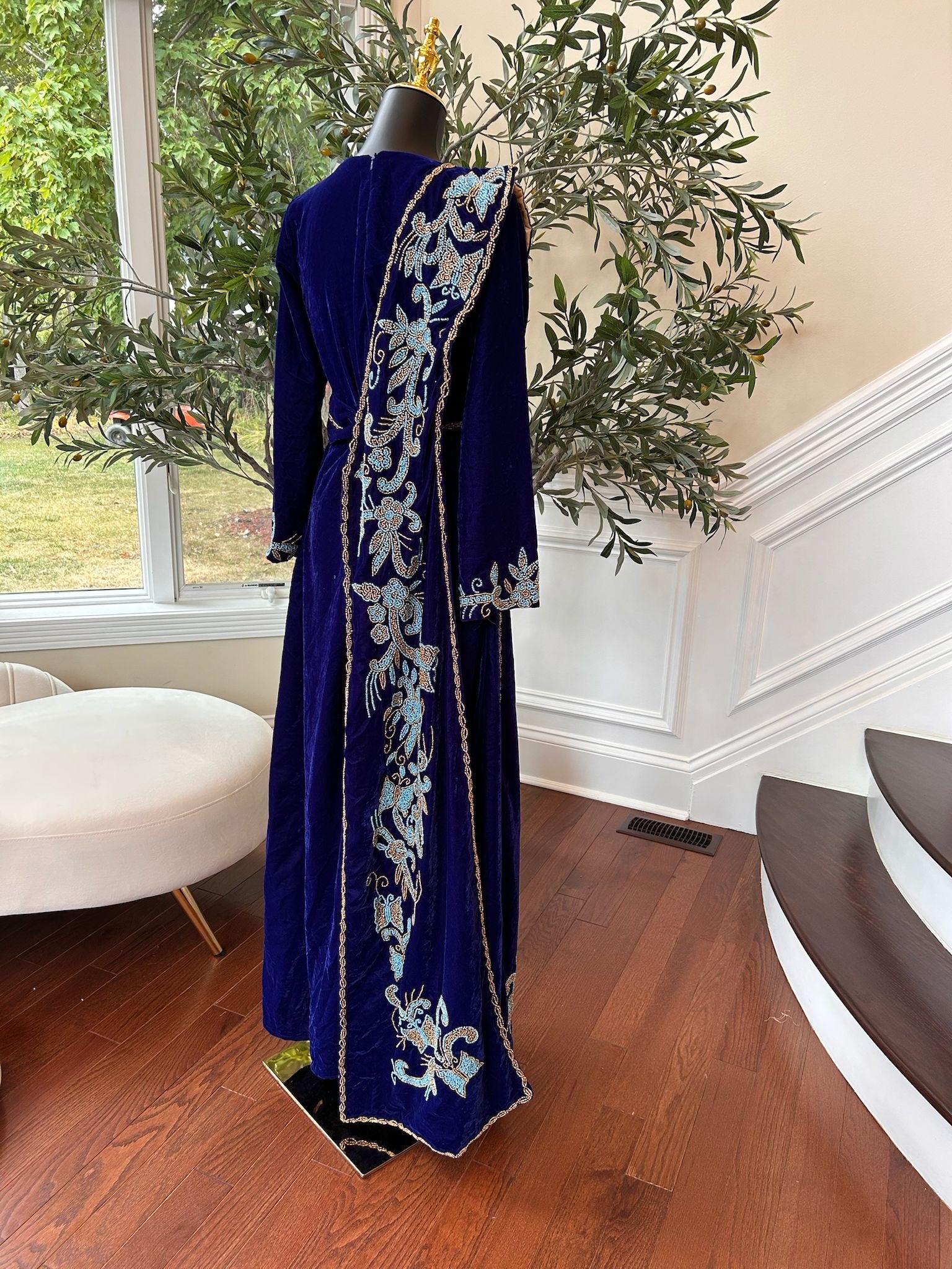 Blue Velvet Stone Charm Kuftan Dress