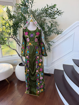 Olive Green Palestinian Stone Thobe with Vibrant Multicolor Floral Embroidery(scarf not included)